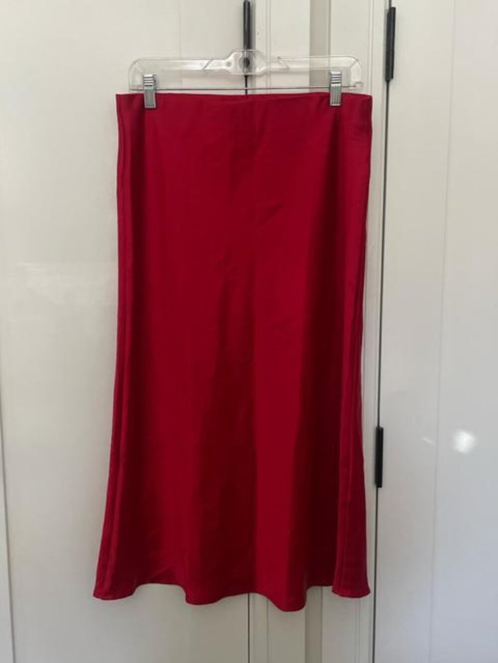 Red midi skirt with a flattering fit